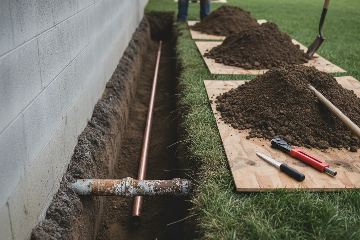 Excavated water line trench during Water Heater Repair in Pauls Valley